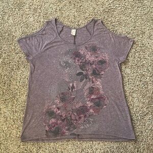 Purple floral cold shoulder style top